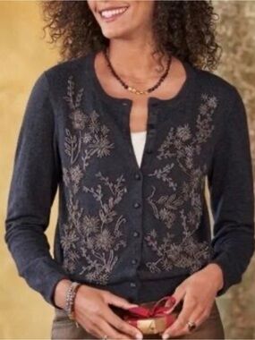 Sundance beaded floral cardigan sweater artisan knit details cashmere blend M